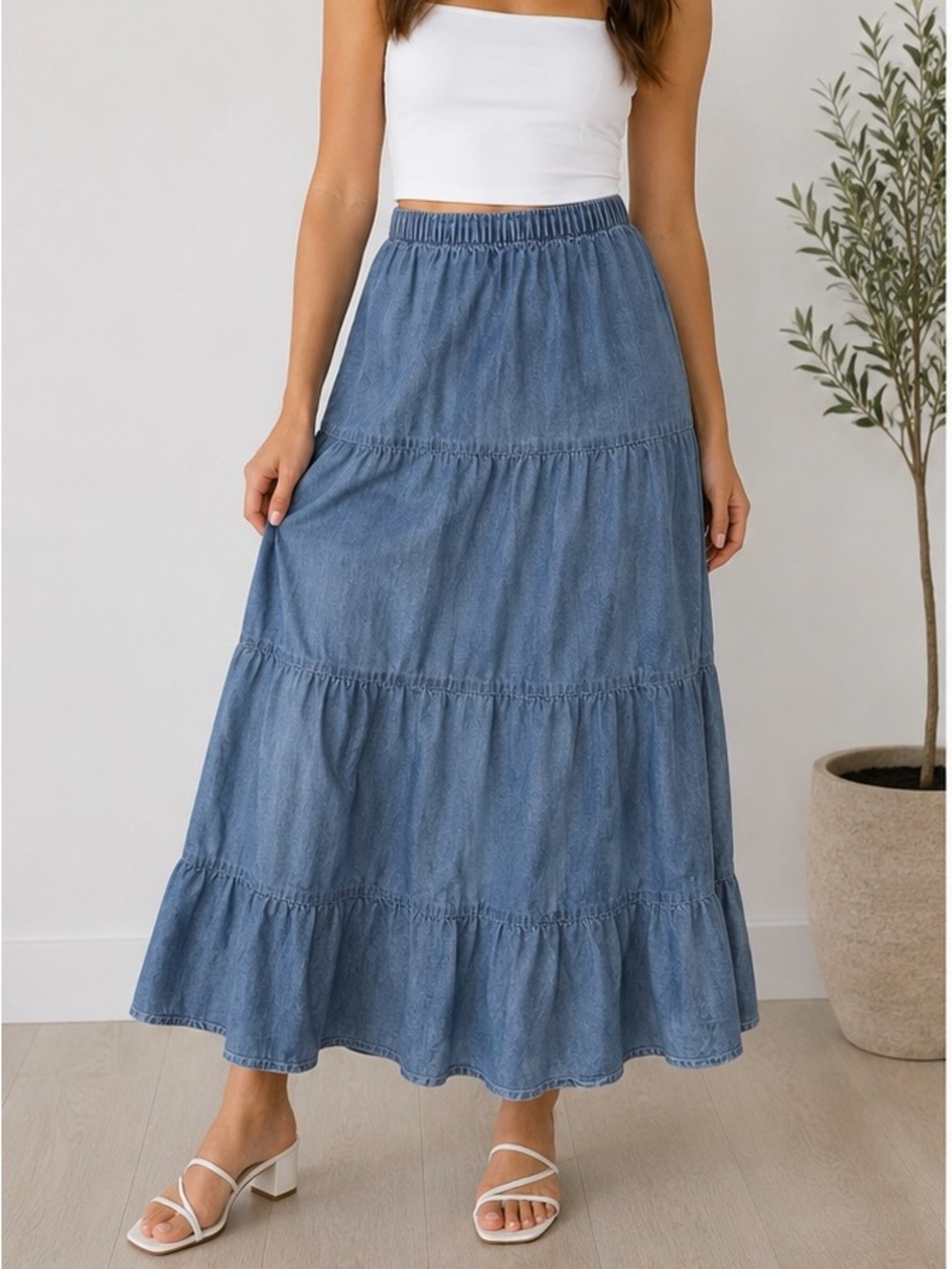 Bluenotes Chambray Tiered Maxi Skirt XS Light Wash Denim Look